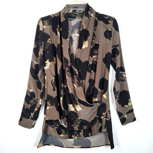 All Saints Womens Dissolve Serra Silk Floral Faux Wrap Blouse Size 4 Brown Black